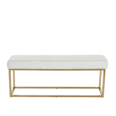 Banc en PU blanc de la collection Heavenly, banc en PU avec acier inoxydable doré, banc en acier inoxydable, banc poli, banc en PU, banc doré, banc d'entrée