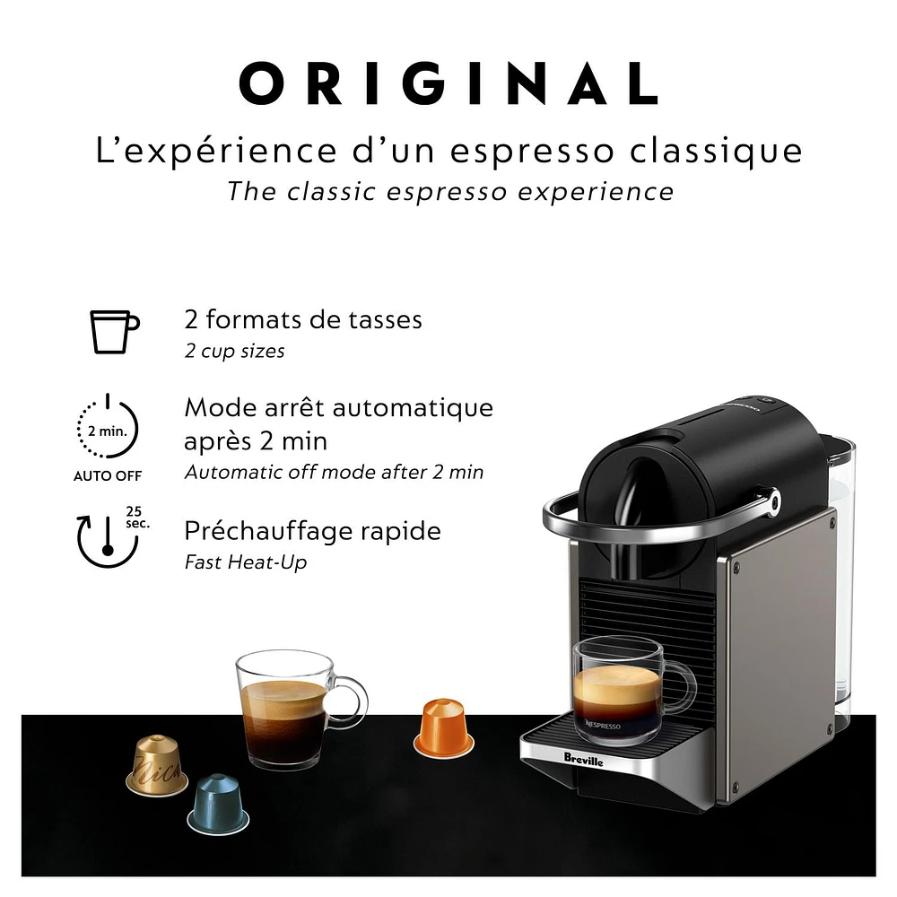 Nespresso Pixie Espresso Machine by Breville, Titan, Industrial style, exceptional coffee.