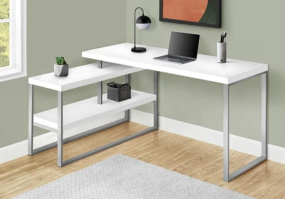 Monarch Specialties Computer Desk, Home Office, Corner, Left, Right Set-up, Storage Shelves, 60"l, L Shape, Work, Laptop, Metal, Laminate, White, Grey, Contemporary, Modern