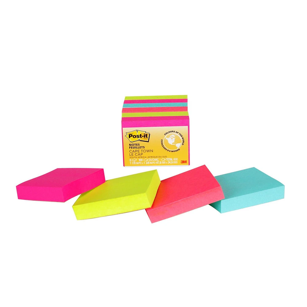 Post-it Notes, 1 3/8" x 1 7/8", Cape Town, 6 pads, 75 Sticky Notes/Pad