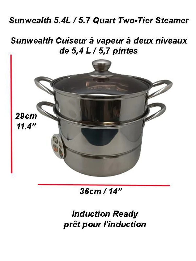 Sunwealth 5.7 quarts induction two-tierstainless steel steamer with glass lid., 5.7 quart/Induction/Lid