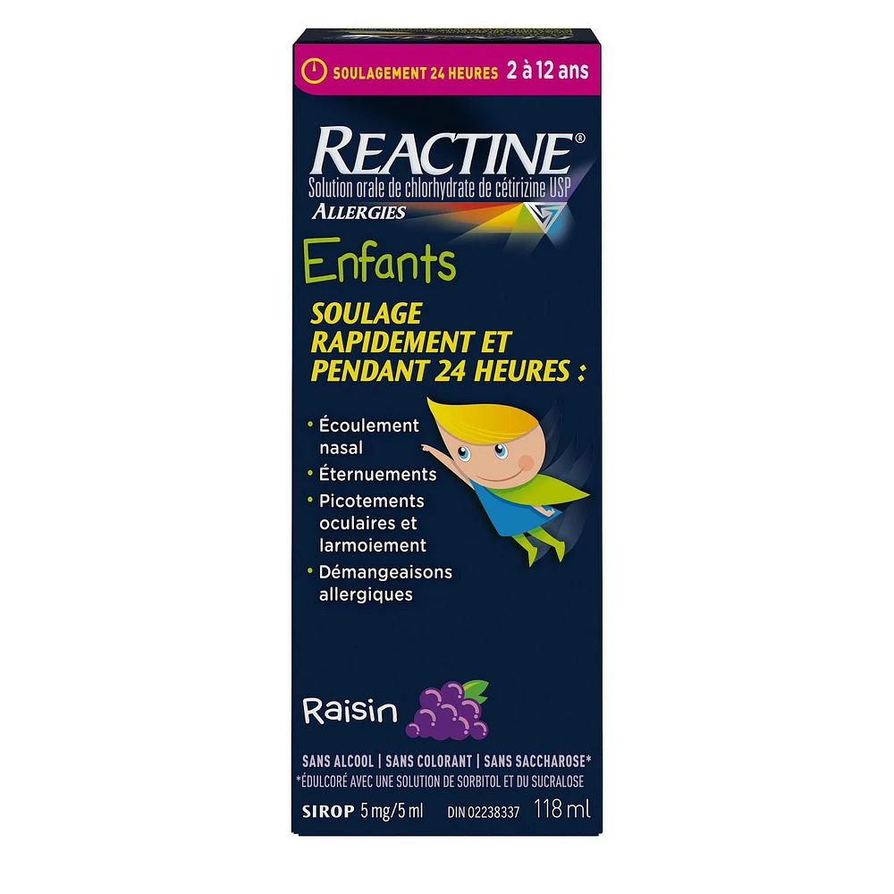 Reactine Enfants Médicament liquide pour les allergies, saveur de raisin, 5 mg 118 ml