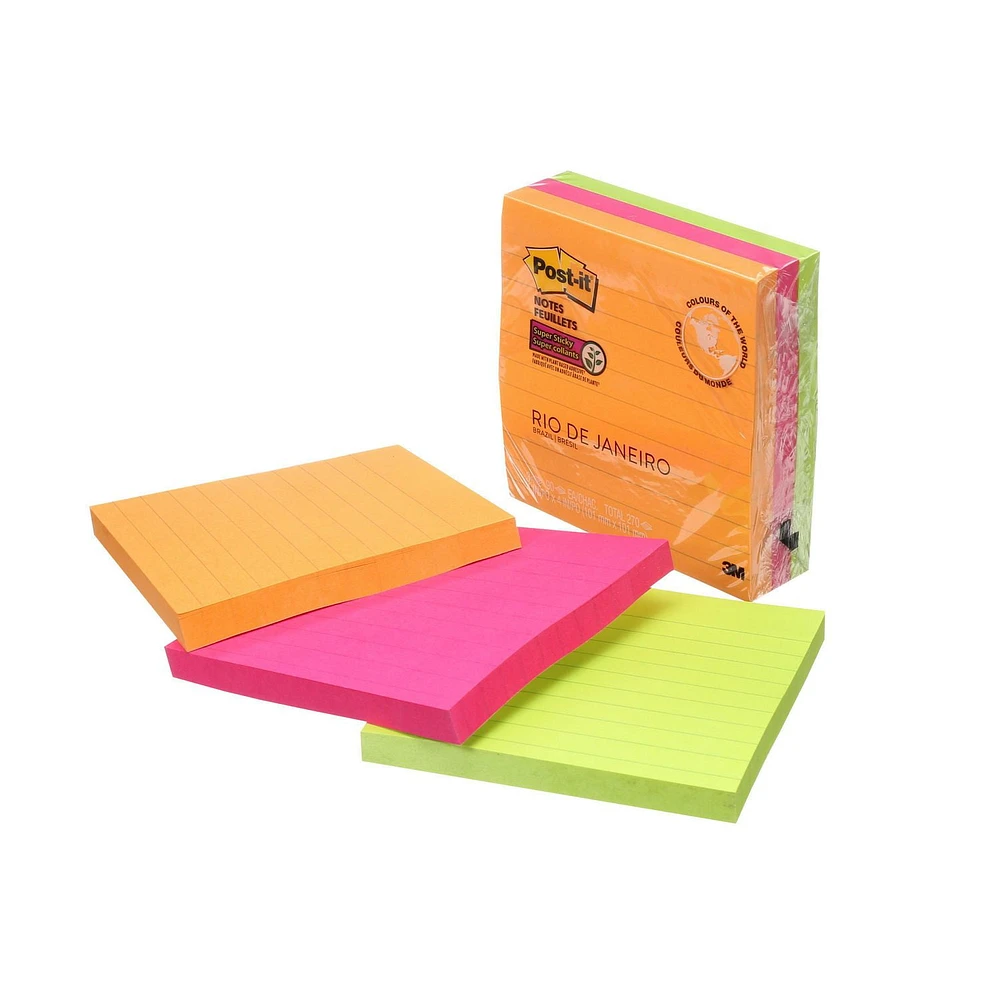 Post-it® Super Sticky Notes 675-3SSUC-C, Rio de Janeiro Collection,, Lined, 4in x 4in, 3 Pads/Pack