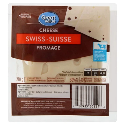 Great Value Swiss Cheese Slices, 210 g, 11 Slices