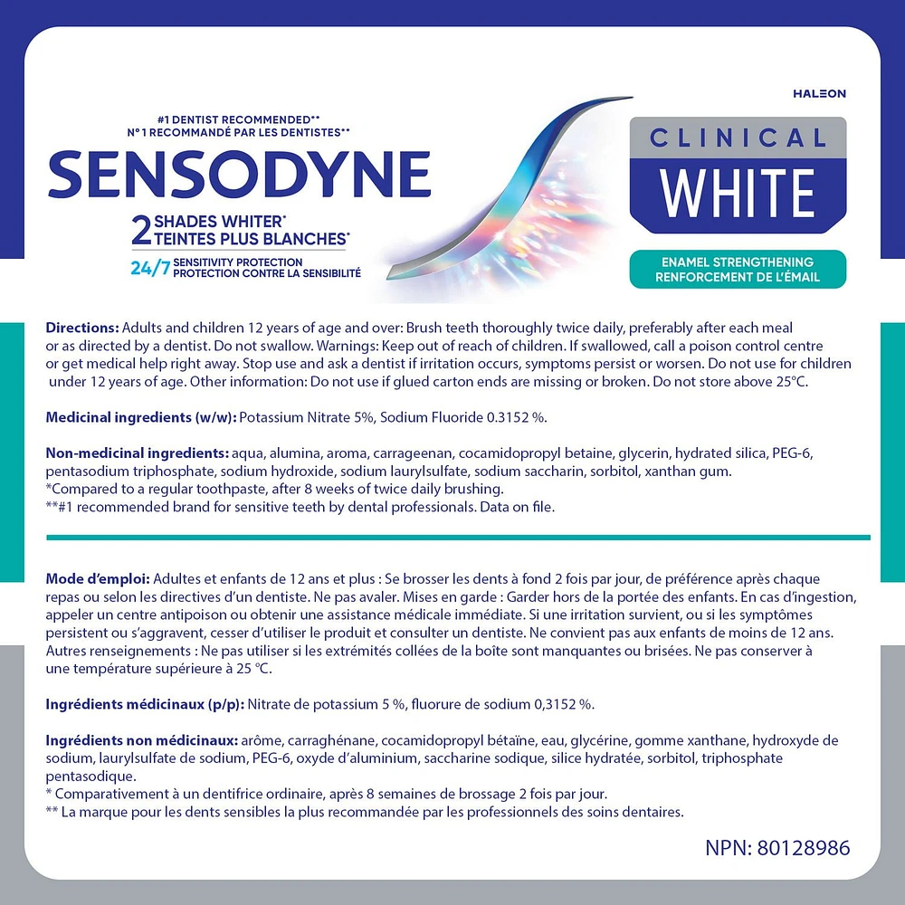 Sensodyne Clinical White, Renforcement de l'émail, Dentifrice quotidien 75mL