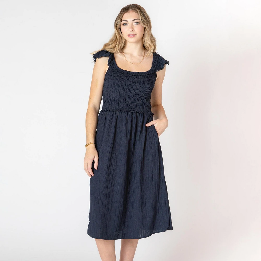 Devoted Sleeveless midi dress with shoulder ruffle