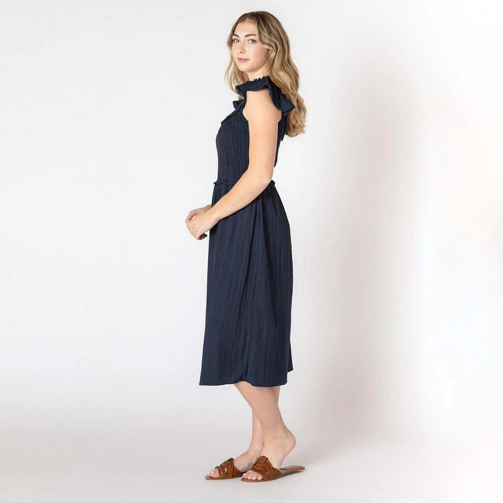 Devoted Sleeveless midi dress with shoulder ruffle