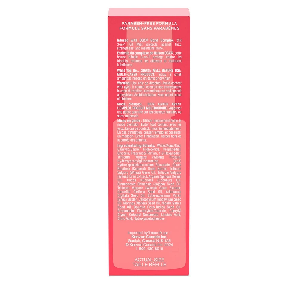 OGX® Repair & Protect Bond Protein Repair 3-in-1 Oil Mist, Multi-Benefit Hair Oil Protects Dry, Damaged Hair Against Frizz, Strengthens, & maintains Shine, 50 mL