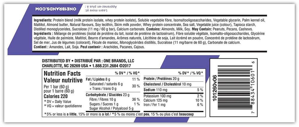 One Protein Bar Blueberry Cobbler, 20g of protein, 1g of sugar