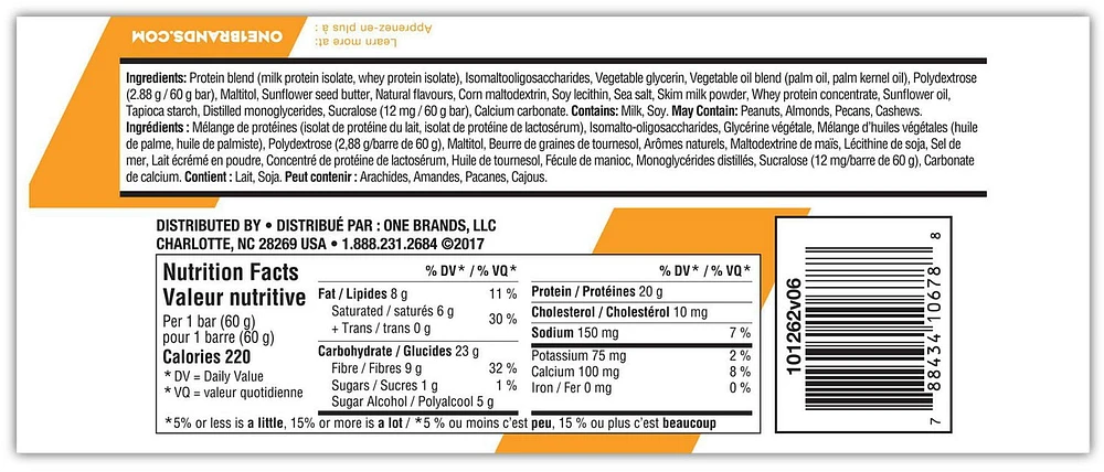 One Protein Bar Maple Glazed Doughnut, 20g of protein, 1g of sugar