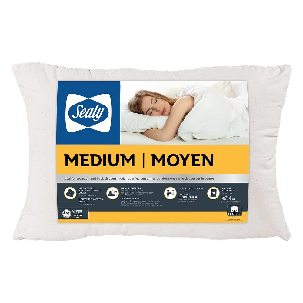 Sealy Medium Support Stomach and Back Sleeper Cotton Cover Machine Washable Bed Pillow 2 Pack