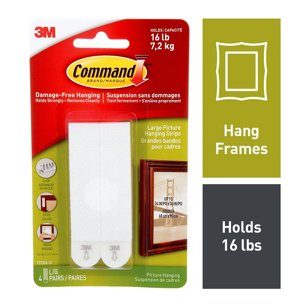 Command™ Picture Hanging Strips 17206-C, White, Large, 8 Strips Per Pack, 8 Strips Per Pack, 16 lb