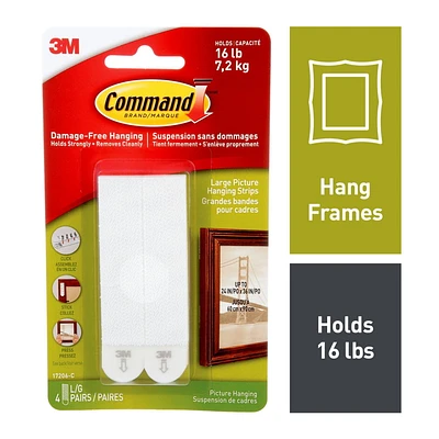 Command™ Picture Hanging Strips 17206-C, White, Large, 8 Strips Per Pack, 8 Strips Per Pack, 16 lb