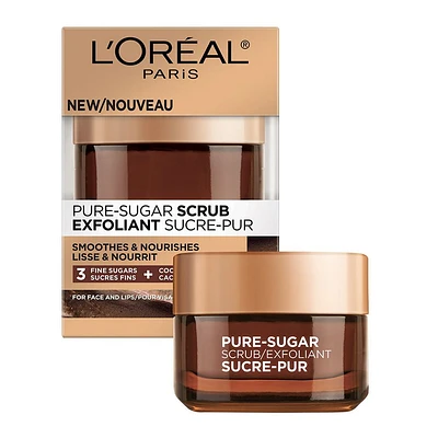 L'Oreal Paris Pure-Sugar Scrub with 3 Fine Sugars + Cocoa, Face & Lips, For Dry Skin, 50 ml