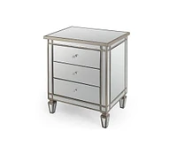 Trudy Mirrored Nightstand, Antique Style Nightstand, Mirrored Nightstand, Bedroom Nightstand, MDF Nightstand, Mirrored Bedside Table, Silver Nightstand, Three Drawer Nightstand, Mirrored Nightstand with Clear Knobs