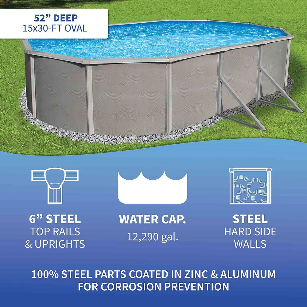 Belize 15-ft x 30-ft Oval 52-in Deep 6-in Top Rail Metal Wall Swimming Pool Package