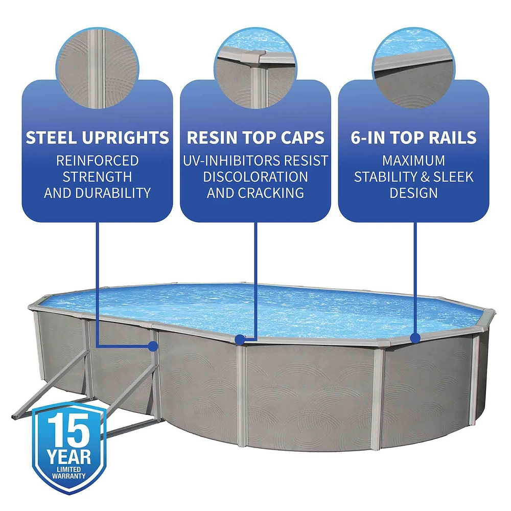 Belize 15-ft x 30-ft Oval 52-in Deep 6-in Top Rail Metal Wall Swimming Pool Package