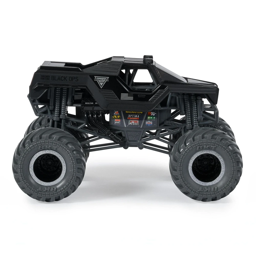 Monster Jam, Official Soldier Fortune Black Ops Monster Truck, Collector Die-Cast Vehicle, 1:24 Scale, Kids Toys for Boys and Girls Ages 3 and up