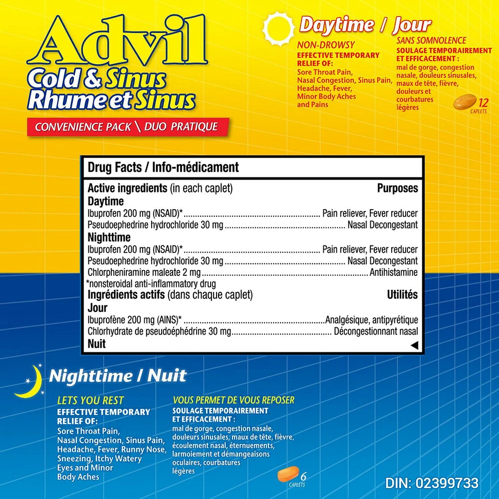 Advil Cold & Sinus Daytime/Nighttime Convenience Pack with Fever Relief, Nasal Decongestant, and Antihistamine, 18 Count