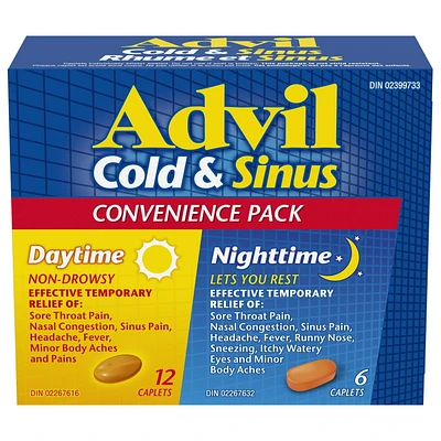 Advil Rhume et sinus Jour/Nuit avec soulagement de la fièvre, décongestionnant et antihistaminique (emballage pratique de 18 caplets)