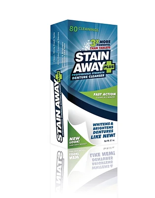 STAIN-AWAY PLUS Denture Cleanser Powder, Whitens and Brightens dentures like new.