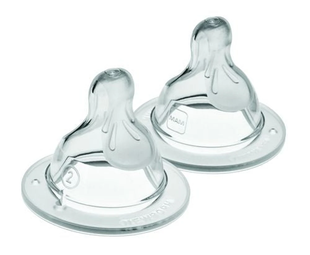 MAM Bottle Nipples Medium Flow Nipple Level 2 (Set of 2), For 2+ Months, SkinSoft Silicone Nipples for Baby Bottles, Fits all MAM Bottles