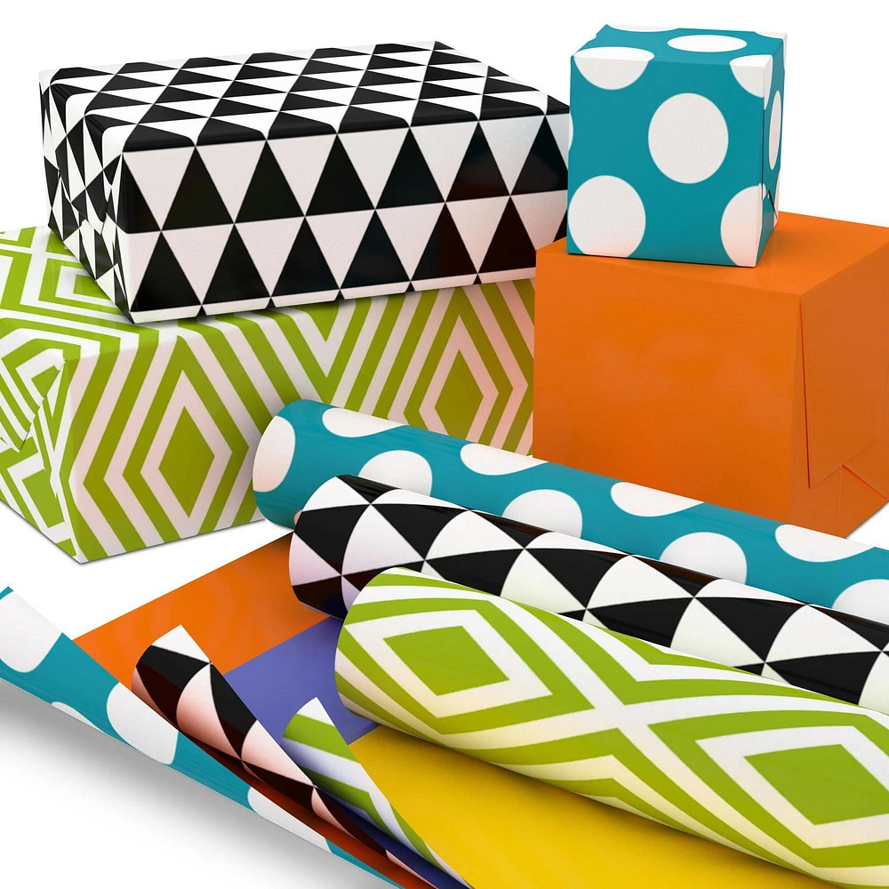 Hallmark All Occasion Reversible Wrapping Paper Bundle - Solids & Dots, Diamonds, Triangles (3 Rolls; 75 sq. ft. ttl) Yellow, Orange, Blue, Black and White