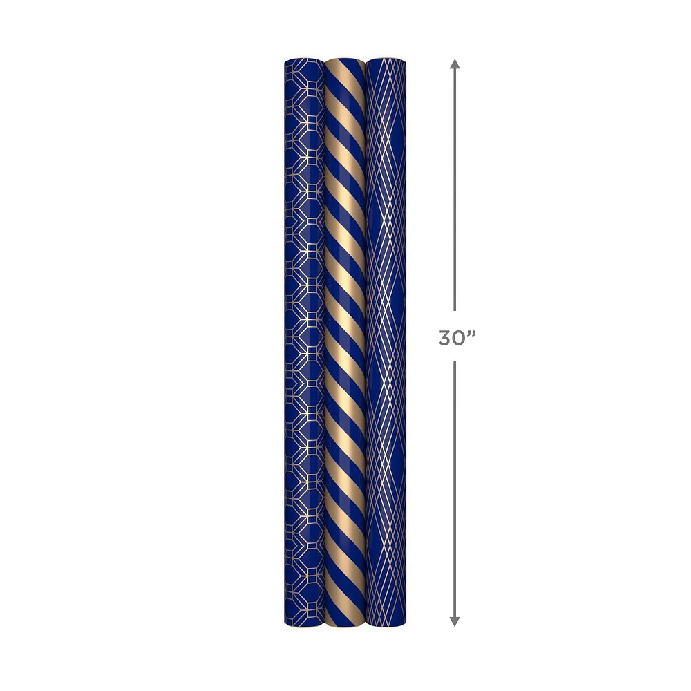 Hallmark All Occasion Wrapping Paper Bundle with Cut Lines on Reverse - Dark Blue and Gold Stripes (3-Pack: 105 sq. ft. ttl.) 