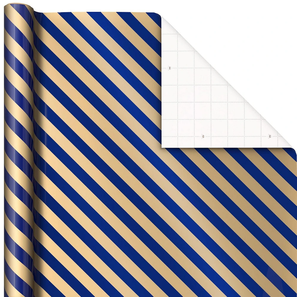 Hallmark All Occasion Wrapping Paper Bundle with Cut Lines on Reverse - Dark Blue and Gold Stripes (3-Pack: 105 sq. ft. ttl.) 