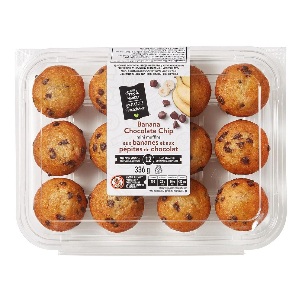 Mini muffins aux bananes et aux pépites de chocolat Mon marché fraîcheur 12 muffins, 336 g au total