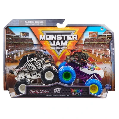 Monster Jam, Official Racing Stripes Vs. Rainbow Blast Die-Cast Monster Trucks, 1:64 Scale, Kids Toys for Boys Ages 3 and up