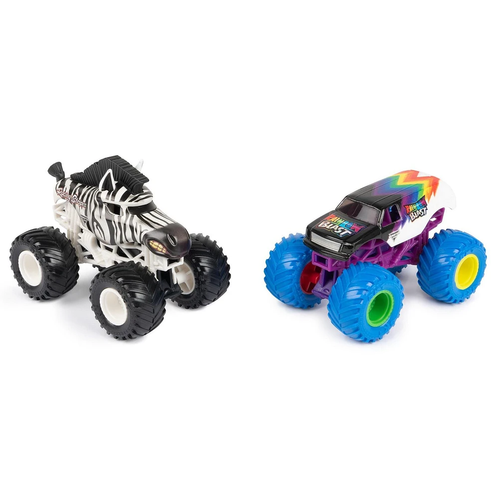 Monster Jam, Official Racing Stripes Vs. Rainbow Blast Die-Cast Monster Trucks, 1:64 Scale, Kids Toys for Boys Ages 3 and up