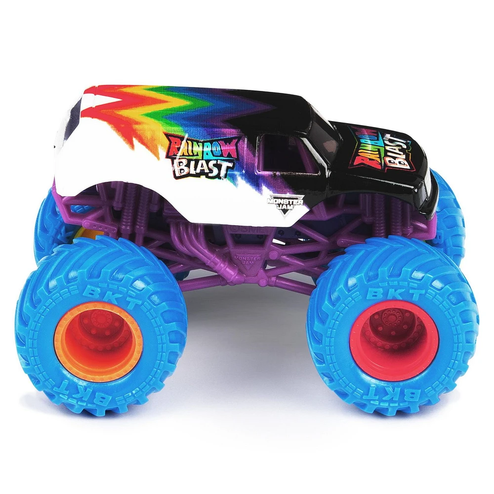 Monster Jam, Official Racing Stripes Vs. Rainbow Blast Die-Cast Monster Trucks, 1:64 Scale, Kids Toys for Boys Ages 3 and up