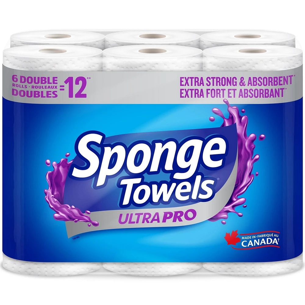 SpongeTowels UltraPRO Ultra Strong & Absorbent Paper Towel, Choose-A-Size® Sheets, 6 Double Rolls = 12 Regular Rolls, 6 Double Rolls = 12 Rolls