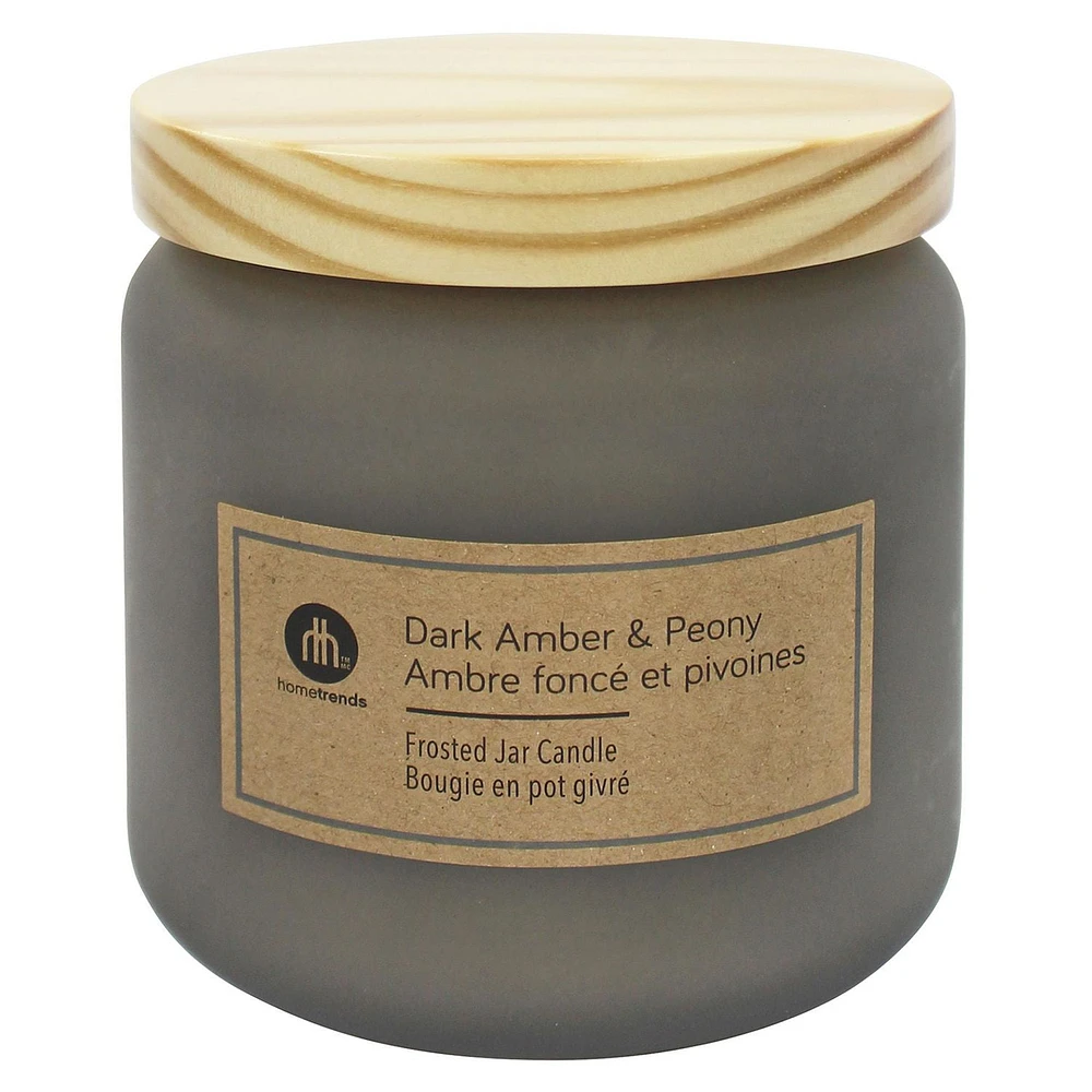 Hometrends 14oz DARK AMBER & PEONY Scented Frosted Jar Candle, 14oz fragranced candle