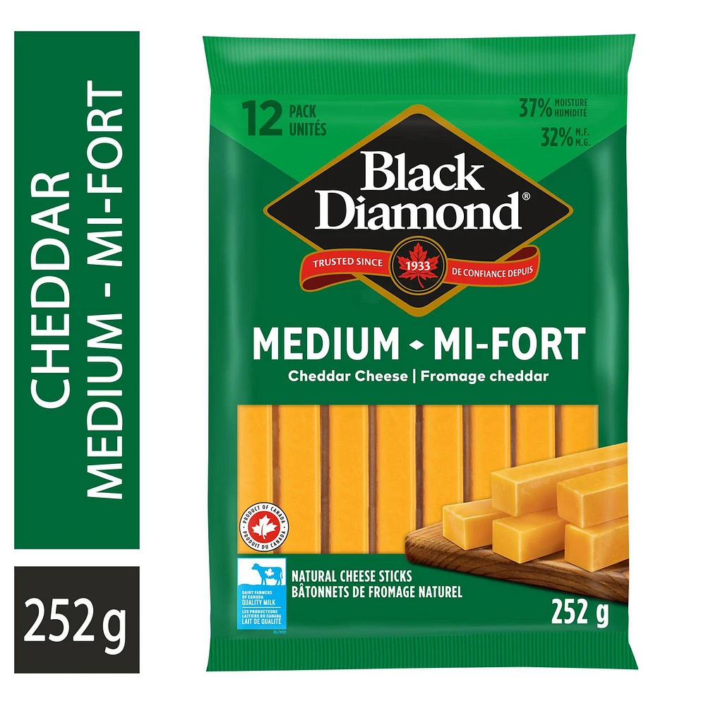 Black Diamond Natural Cheese Sticks Medium Cheddar, 12 units, Pack of 12, 252 g