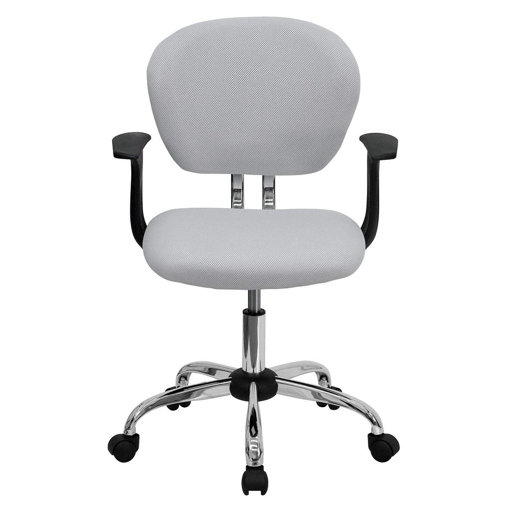 Mid-Back White Mesh Padded Swivel Task Chair with Chrome Base and Arms