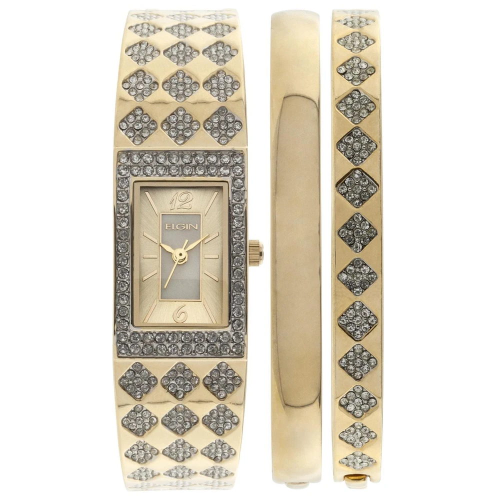Elgin Ladies Goldtone Genuine Crystal Bangle Watch and Matching Bangle Set