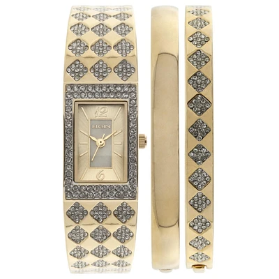 Elgin Ladies Goldtone Genuine Crystal Bangle Watch and Matching Bangle Set
