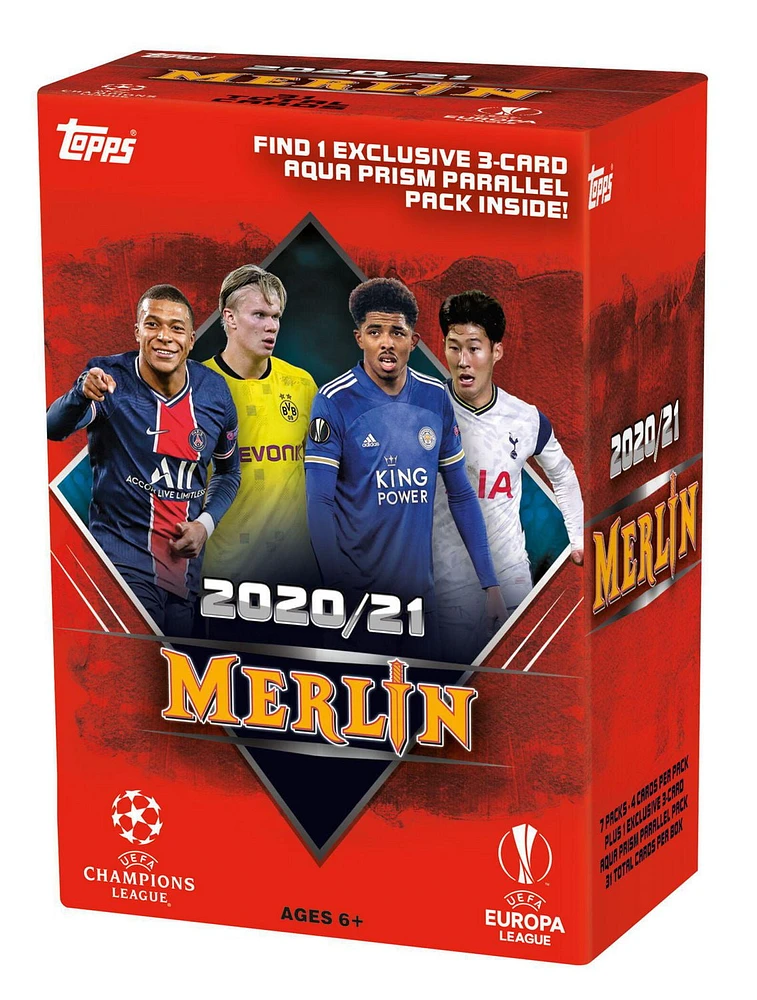 21 Topps Champions League Merlin Chrome Soccer Trading Card Blaster Box | Exclusive 3-card Aqua Prism Refractor Parallel Pack