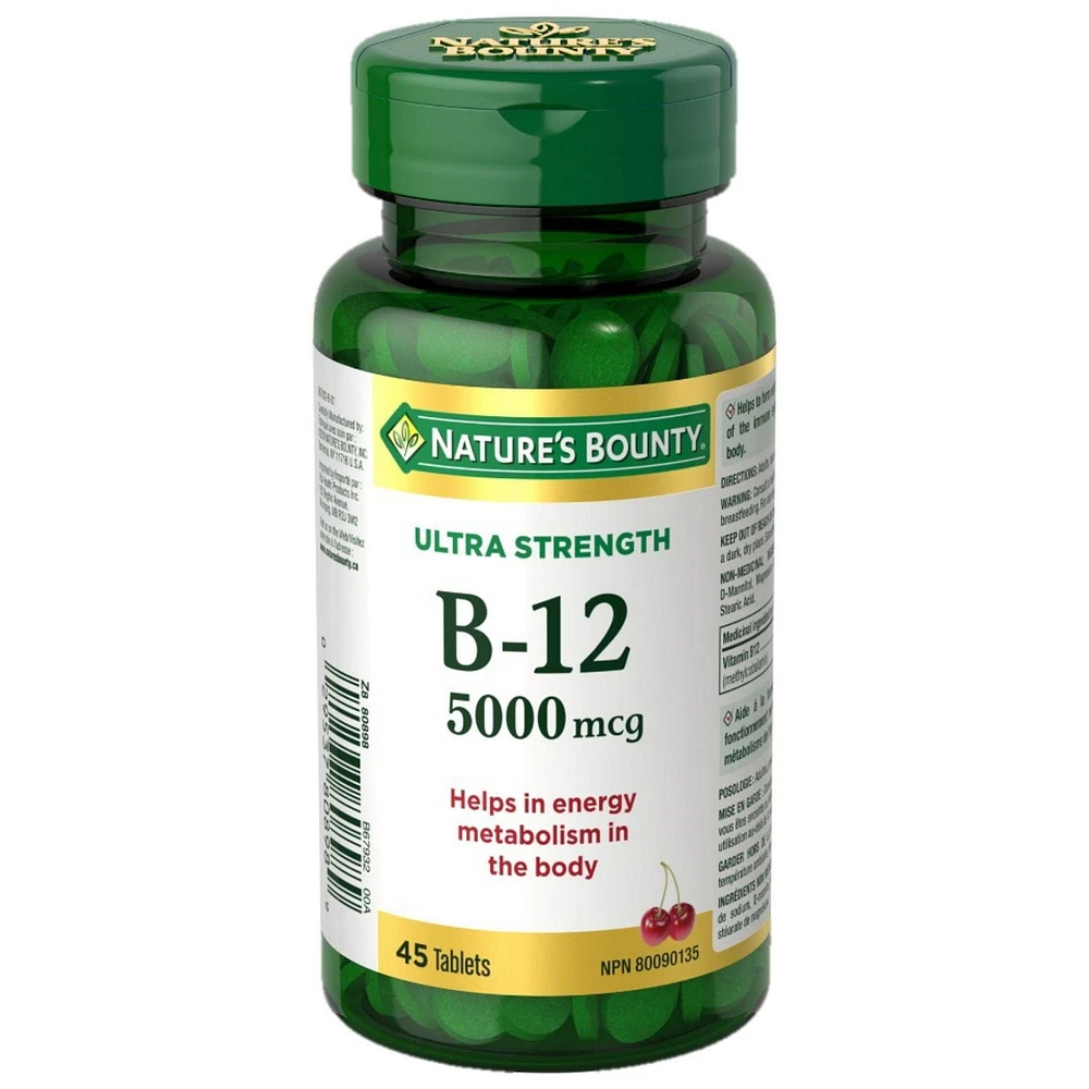 NATURE'S BOUNTY Vitamine B12, ultra-forte 5 000 mcg, aide au métabolisme, aux globules rouges, au système immunitaire, prévient la carence en vitamine B12, comprimés à saveur de cerise 45 paquet 45 Comprimés