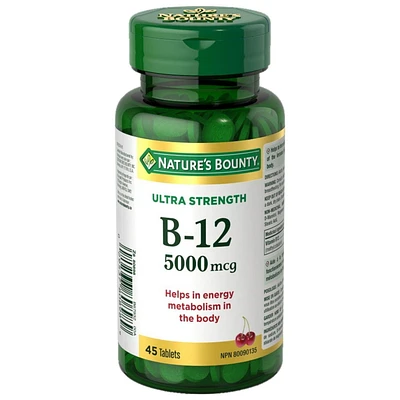 NATURE'S BOUNTY Vitamine B12, ultra-forte 5 000 mcg, aide au métabolisme, aux globules rouges, au système immunitaire, prévient la carence en vitamine B12, comprimés à saveur de cerise 45 paquet 45 Comprimés