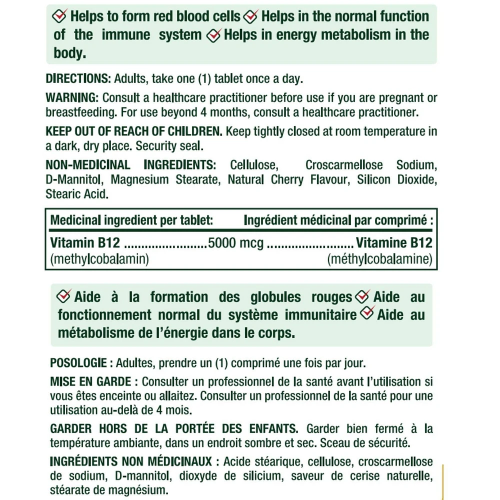NATURE'S BOUNTY Vitamine B12, ultra-forte 5 000 mcg, aide au métabolisme, aux globules rouges, au système immunitaire, prévient la carence en vitamine B12, comprimés à saveur de cerise 45 paquet 45 Comprimés