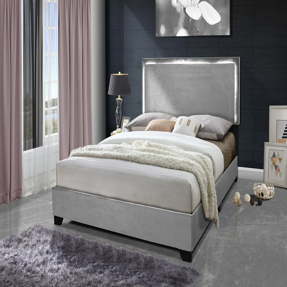 Aerys King Platform Bed Frame with LED Lights , Grey Velvet