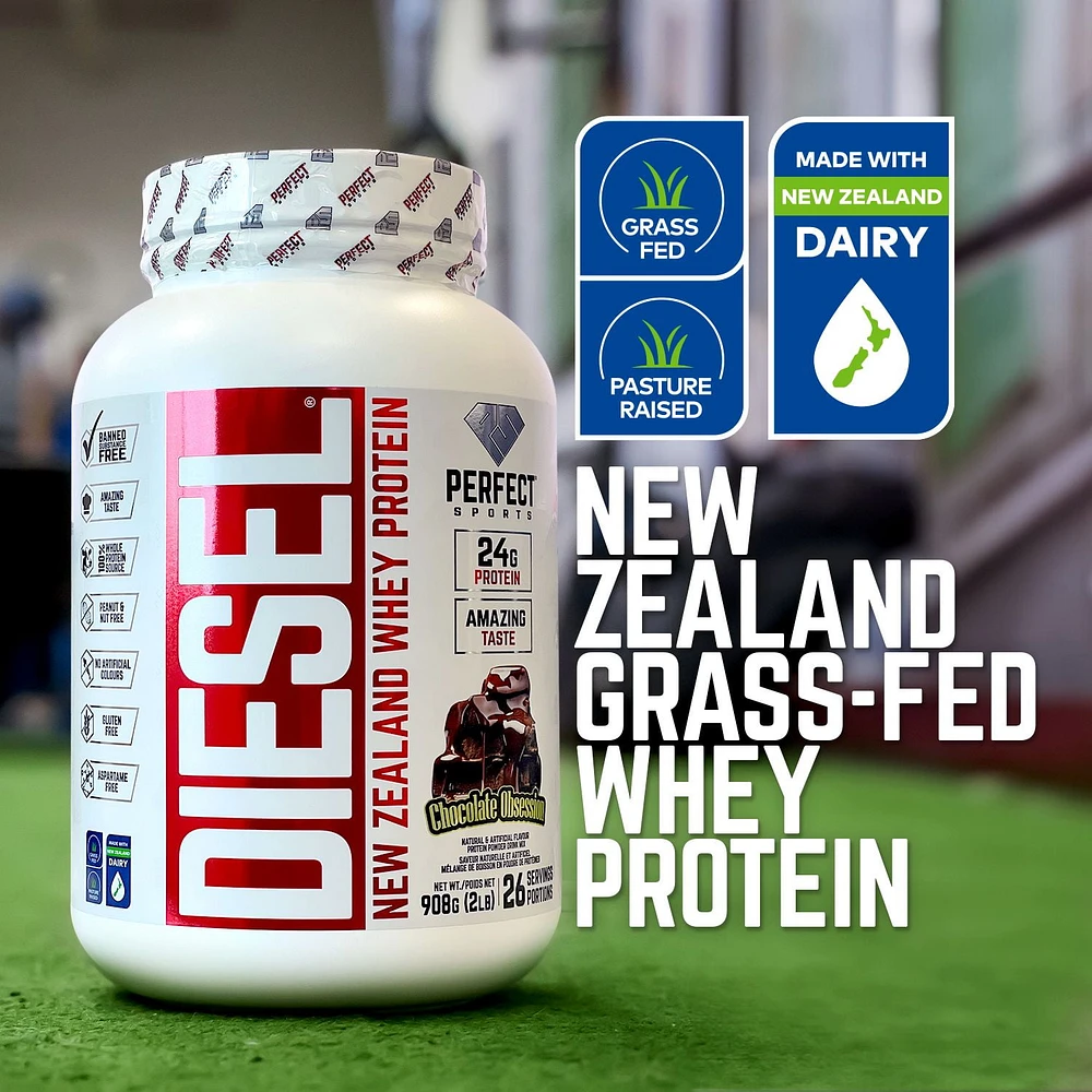 PERFECT Sports - DIESEL New Zealand Whey Protein, Grass-Fed + Pasture-Raised Whey Protein Powder, Gluten-Free, Chocolate Obsession, 2 lbs, Whey Protein, 2lb