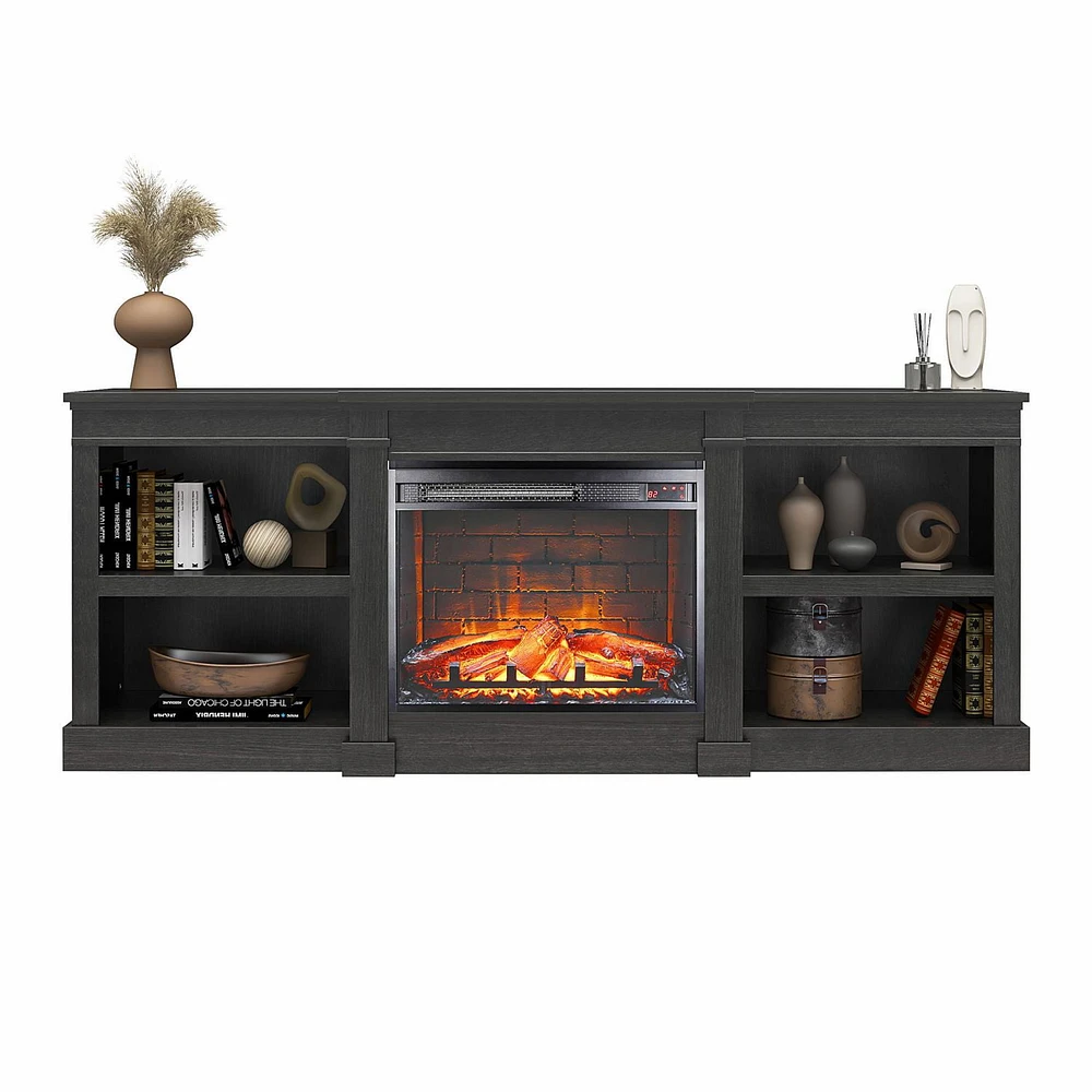 Ameriwood Home Baileywick TV Console with Electric Fireplace for TVs up to 75", Black Oak