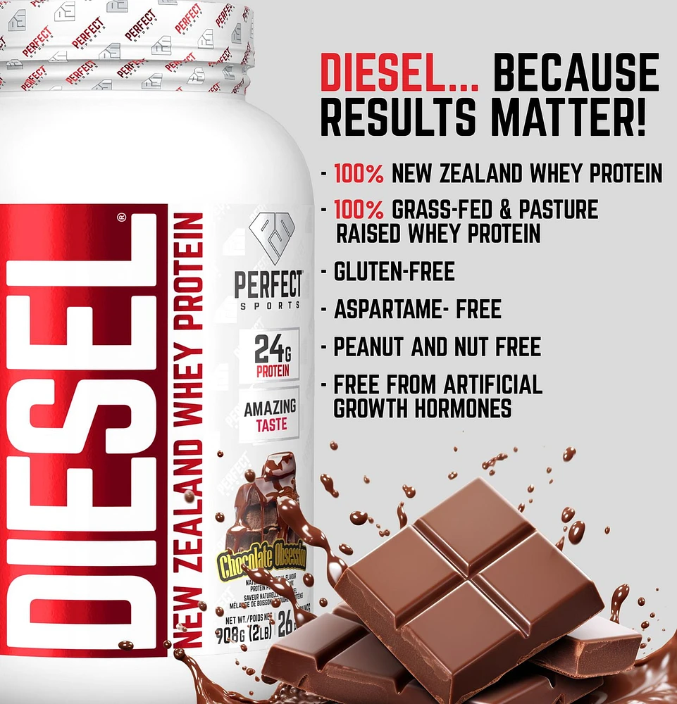 PERFECT Sports - DIESEL New Zealand Whey Protein, Grass-Fed + Pasture-Raised Whey Protein Powder, Gluten-Free, Chocolate Obsession, 2 lbs, Whey Protein, 2lb