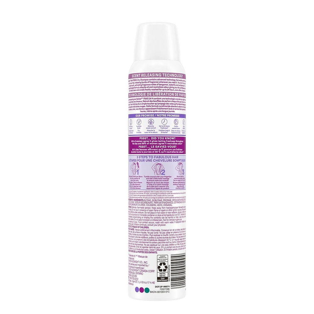 Batiste Shampooing Sec Activé au Toucher 24H Fraîcheur, Absorbe l'Huile dans les Cheveux entre les Lavages, et Libère des Éclats de Parfum offrant jusqu'à 24 Heures de Fraîcheur à Chaque Toucher, 200 ml. BATISTE SHAMPOOING SEC 24H FRAIS+