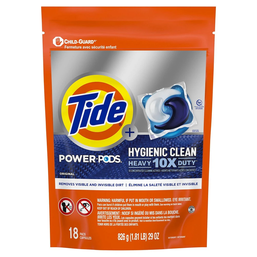 Tide Hygienic Clean Heavy 10x Duty Power PODS Laundry Detergent Pacs, Original Scent, For Visible and Invisible Dirt, 18CT