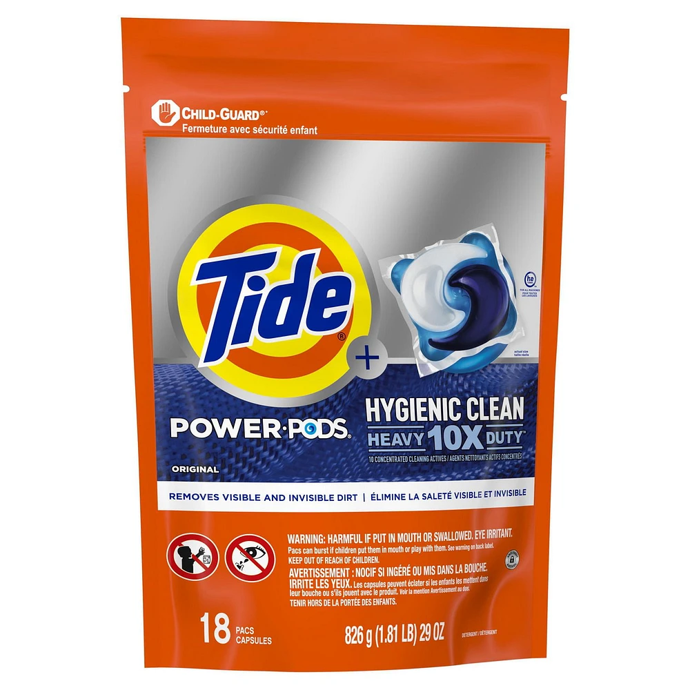 Tide Hygienic Clean Heavy 10x Duty Power PODS Laundry Detergent Pacs, Original Scent, For Visible and Invisible Dirt, 18CT